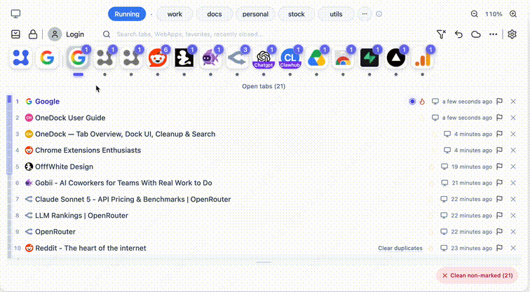 OneDock Minimap and site hover highlighting open tabs
