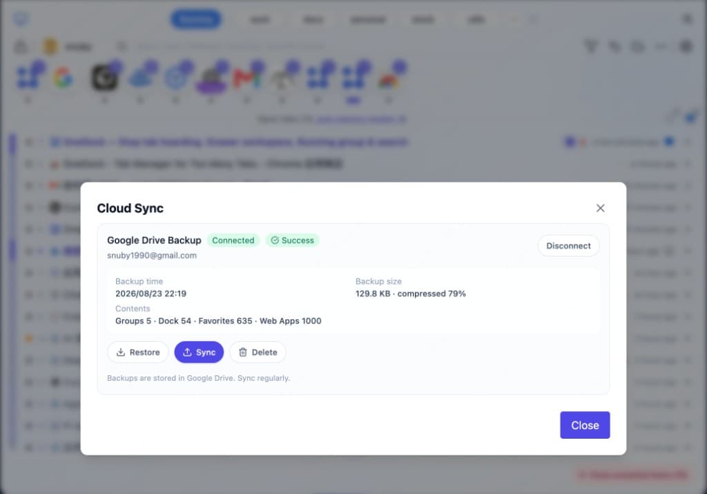 OneDock Google Drive backup: connected status, restore and sync to cloud